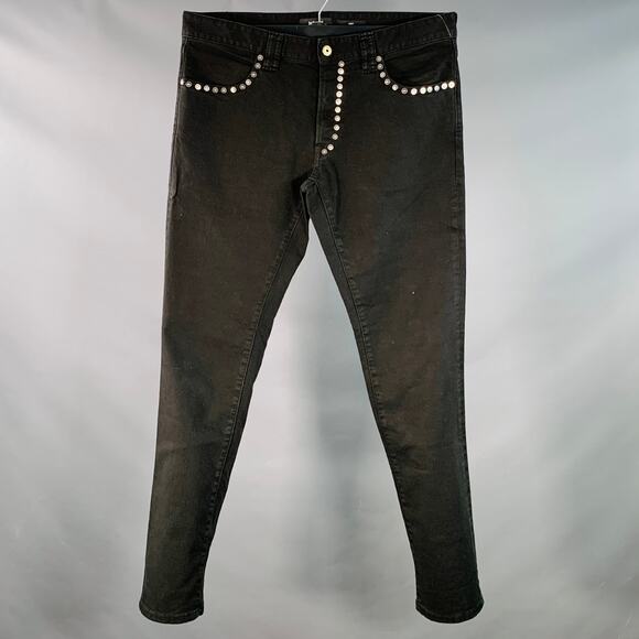 JUST CAVALLI Size 33 Black Silver Studded Cotton Blend Denim Button Fly Jeans - Picture 1 of 7